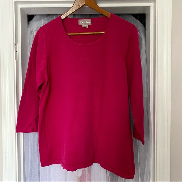 TanJay Lightweight 3/4 Sleeve Sweater - Hot Pink Cotton Knit - Picture 7 of 8